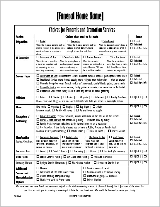 Funeral Choices Worksheet